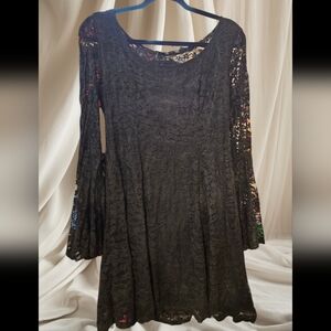 Hot Topic Black Lace dress with Embroidered Skull Detail and Flared Sleeves